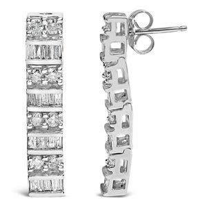 14K White Gold 1 1/3 cttw Round And Baguette Cut Diamond Earrings (H-I, SI2-I1)
