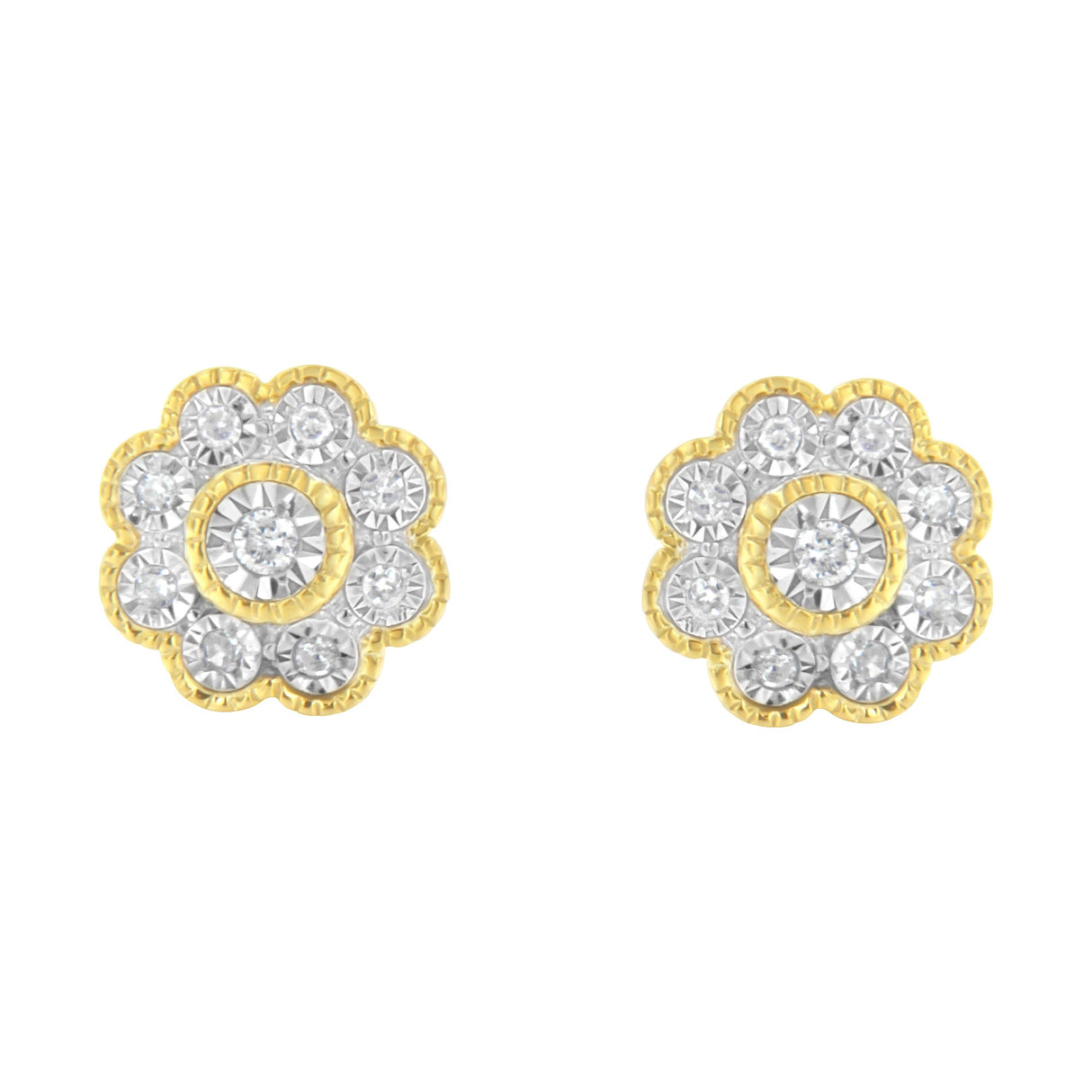 14K Yellow Gold Plated .925 Sterling Silver 1/6 Cttw Miracle-Plate Set Diamond Floral Stud Earrings (I-J Color, I2-I3 Clarity)
