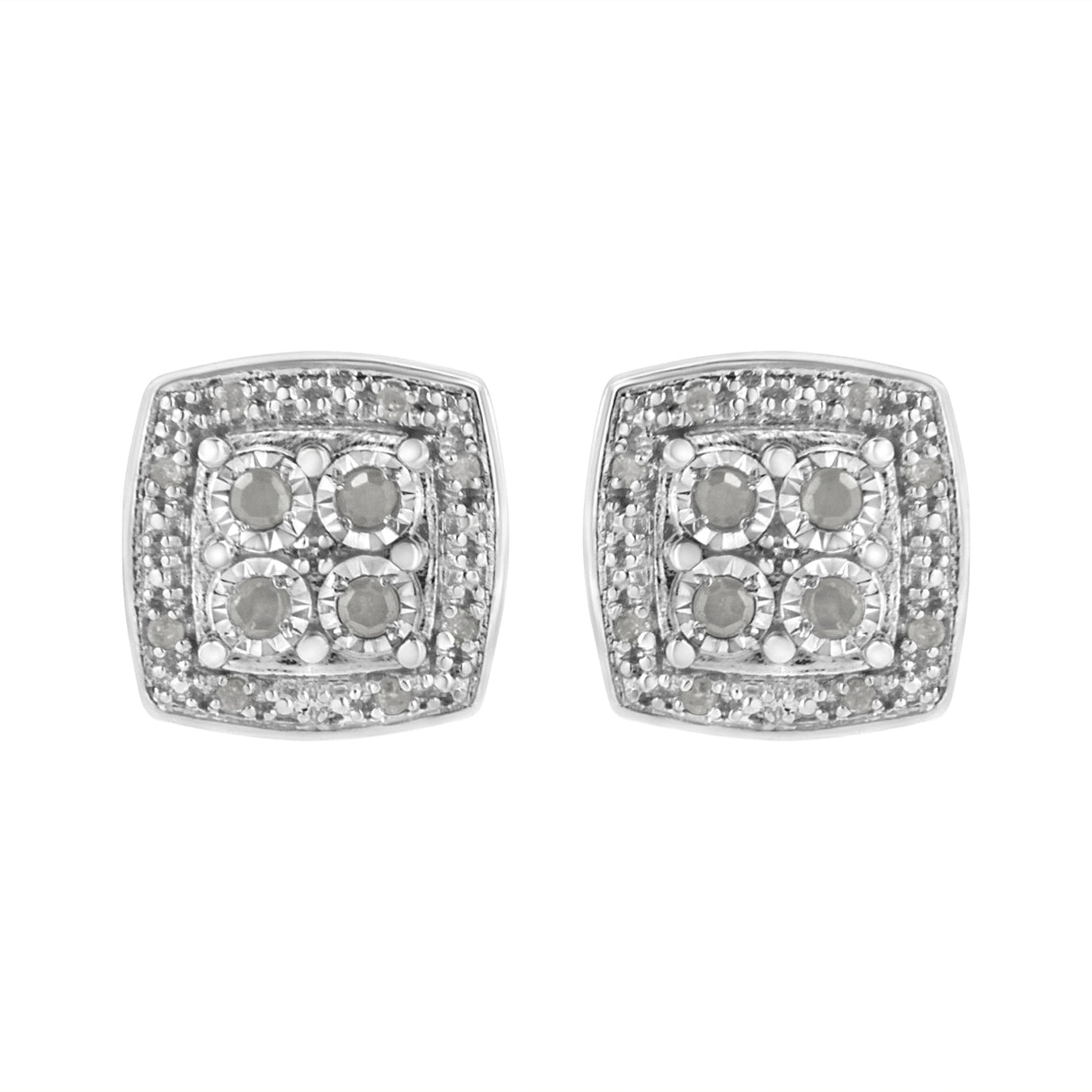 .925 Sterling Silver 1/4 cttw Round Cut Diamond Square Shape Milgrain Stud Earrings (I-J Color, I3 Clarity)