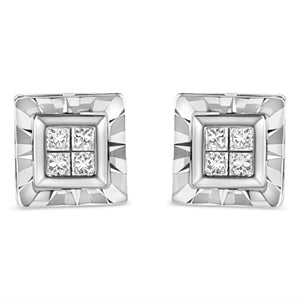 .925 Sterling Silver 1/6 Cttw Invisible Set Princess-Cut Diamond Quad Composite Stud Earrings (H-I Color, I1-I2 Clarity)