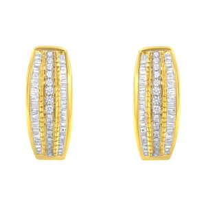 10K Yellow Gold 3/4 Cttw Pave and Channel Set Diamond Triple Row Modern Hoop Earrings (I-J Color, I2-I3 Clarity)