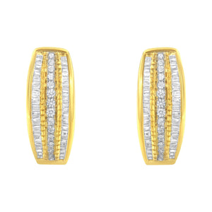 10K Yellow Gold 3/4 Cttw Pave and Channel Set Diamond Triple Row Modern Hoop Earrings (I-J Color, I2-I3 Clarity)