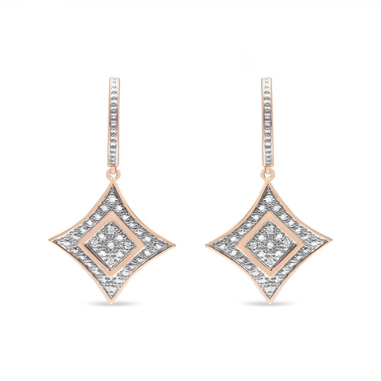 10K Rose Gold Plated Sterling Silver Round Cut Diamond Cushion Dangle Earrings (0.04 cttw, H-I Color, I2-I3 Clarity)