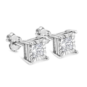 .925 Sterling Silver Miracle Set Princess-cut Diamond Solitaire Stud Earrings (H-I Color, I1-I2 Clarity)