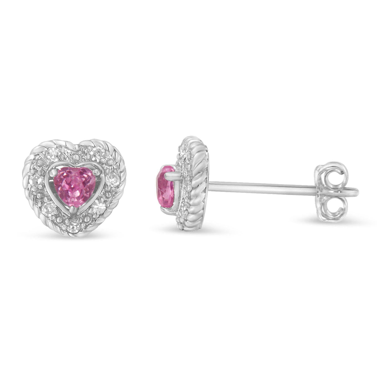 .925 Sterling Silver, Created Pink Sapphire, & Diamond-Accented 5/8" Heart-Shaped Rope Stud Earrings (I-J Color, I2-I3 Clarity)