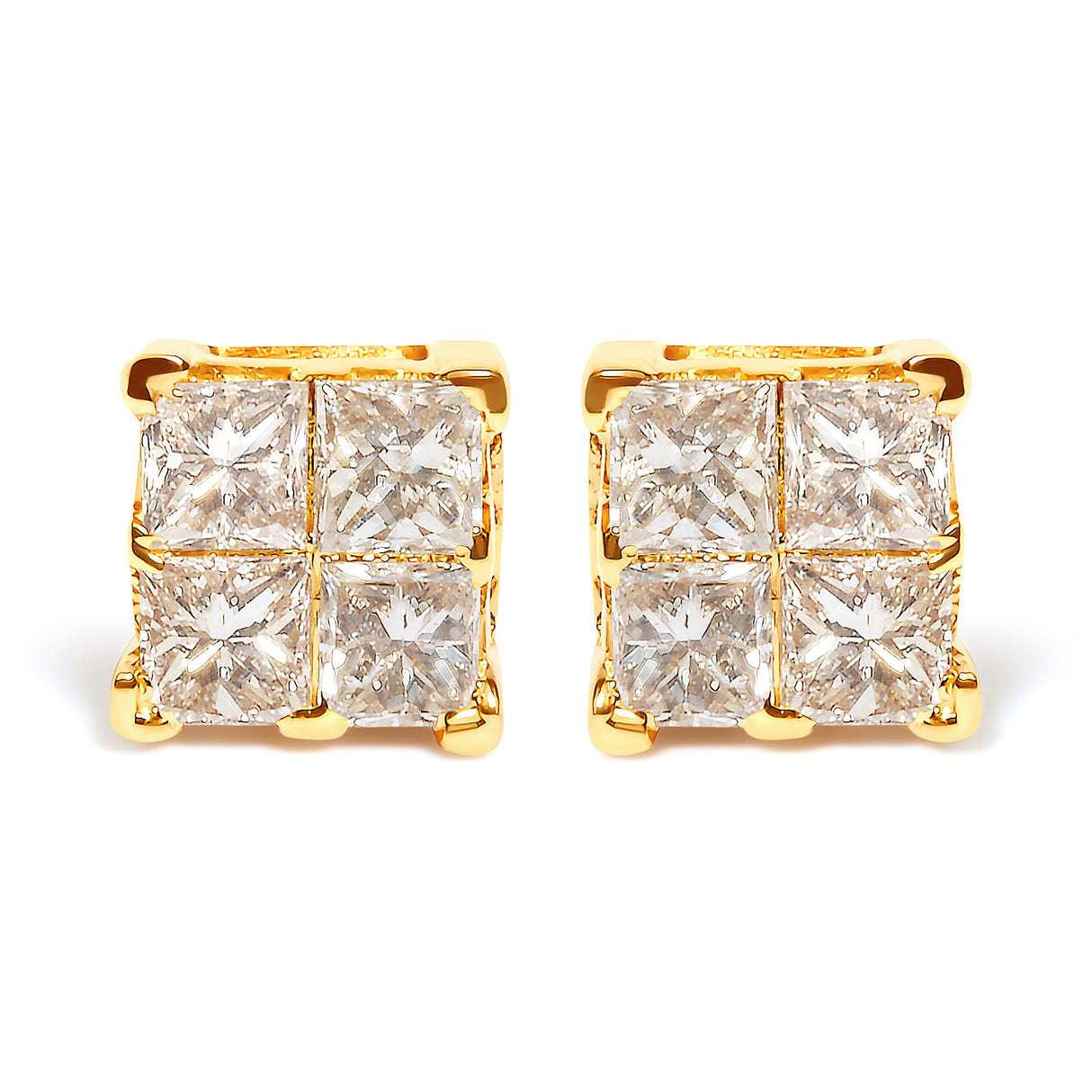 10K Yellow Gold 3/4 Cttw Invisible Set Princess-Cut Diamond Composite Square Stud Earrings (I-J Color, I2-I3 Clarity)