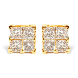 10K Yellow Gold 3/4 Cttw Invisible Set Princess-Cut Diamond Composite Square Stud Earrings (I-J Color, I2-I3 Clarity)