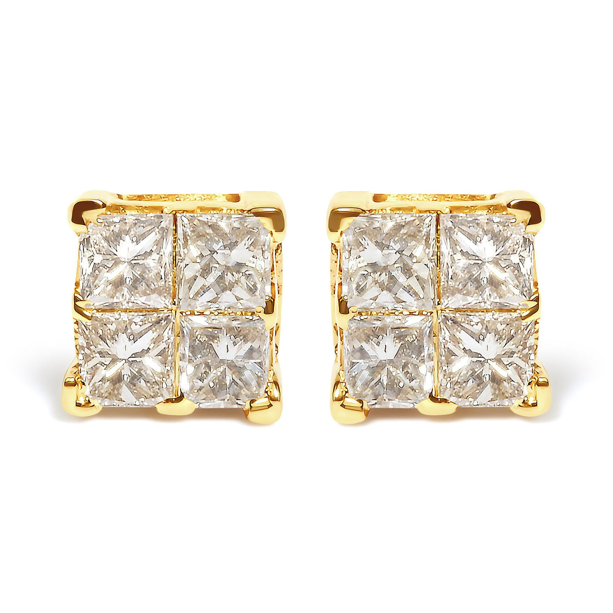 14K Yellow Gold 3/4 Cttw Invisible Set Princess-Cut Diamond 4 Stone Square Stud Earrings (J-K Color, SI2-I1 Clarity)