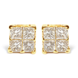 14K Yellow Gold 3/4 Cttw Invisible Set Princess-Cut Diamond 4 Stone Square Stud Earrings (J-K Color, SI2-I1 Clarity)
