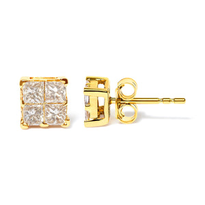 10K Yellow Gold 3/4 Cttw Invisible Set Princess-Cut Diamond Composite Square Stud Earrings (I-J Color, I2-I3 Clarity)