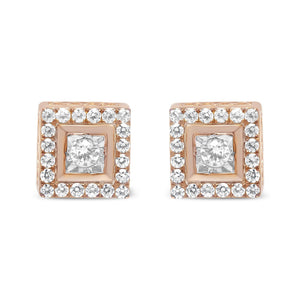 14K Rose Gold Plated .925 Sterling Silver 1/2 Cttw Diamond Halo Square-Shaped Frame Stud Earring (I-J Color, I3 Clarity)