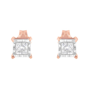 14K Rose Gold Plated Two-Tone .925 Sterling Silver 1/2 Cttw Princess-Cut Square Near Colorless Diamond Solitaire Miracle-Plate Stud Earrings (J-K Color, I2-I3 Clarity)