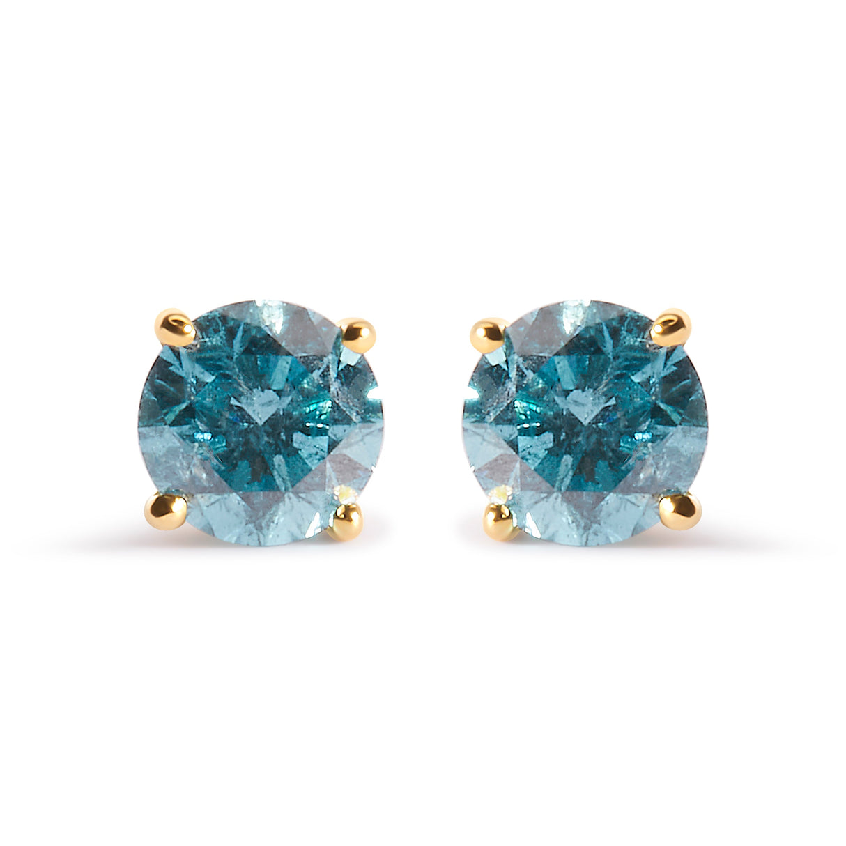 14K Yellow Gold 1.0 Cttw Treated Aqua Blue Diamond Classic Solitaire Stud Earrings (Aqua Blue Color, I2-I3 Clarity)