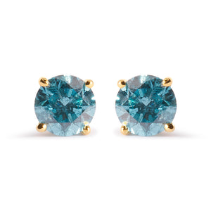 14K Yellow Gold 1.0 Cttw Treated Aqua Blue Diamond Classic Solitaire Stud Earrings (Aqua Blue Color, I2-I3 Clarity)