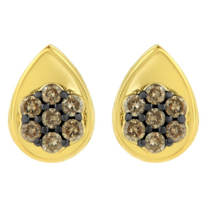 10K Yellow Gold Plated .925 Sterling Silver 1/2 Cttw Prong Set Round-Cut Diamond Floral Cluster Stud Earring (Champagne Color, I1-I2 Clarity)