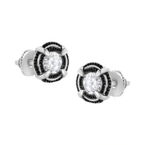 Black Rhodium Plated .925 Sterling Silver Round 1-1/2 cttw Diamond Double Halo 4-Prong Solitaire Milgrain Stud Earrings (H-I Color, I2-I3 Clarity)