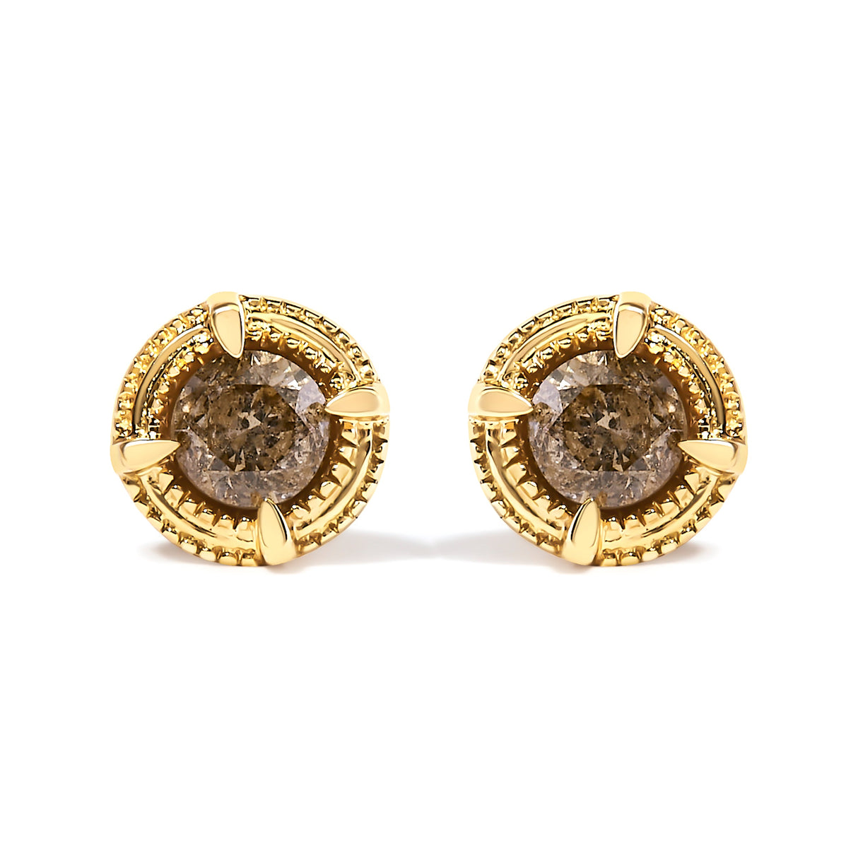 14K Yellow Gold Plated .925 Sterling Silver 1.0 Cttw Round Brilliant Cut Diamond Solitaire Milgrain Stud Earrings (K-L Color, I2-I3 Clarity)