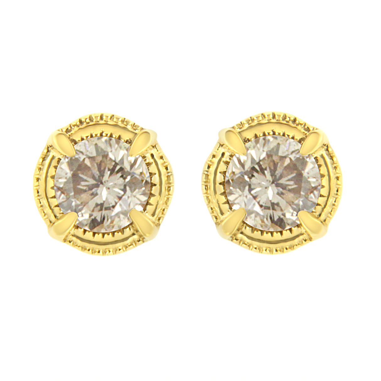 14K Yellow Gold Plated .925 Sterling Silver 1.0 Cttw Round Brilliant Cut Diamond Solitaire Milgrain Stud Earrings (K-L Color, I2-I3 Clarity)