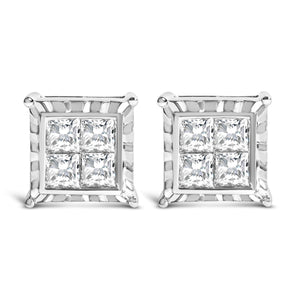 14K White Gold 2.00 Cttw Invisible Set Princess-Cut Lab Grown Diamond Wavy Quad Stud Earrings