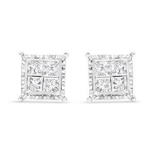 14K White Gold 1 1/2 Cttw Invisible Set Princess-Cut Diamond Contemporary Wavy Quad Stud Earrings (I-J Color, I1-I2 Clarity)