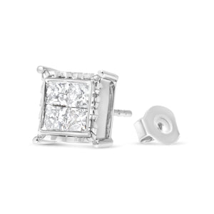 14K White Gold 2.00 Cttw Invisible Set Princess-Cut Lab Grown Diamond Wavy Quad Stud Earrings