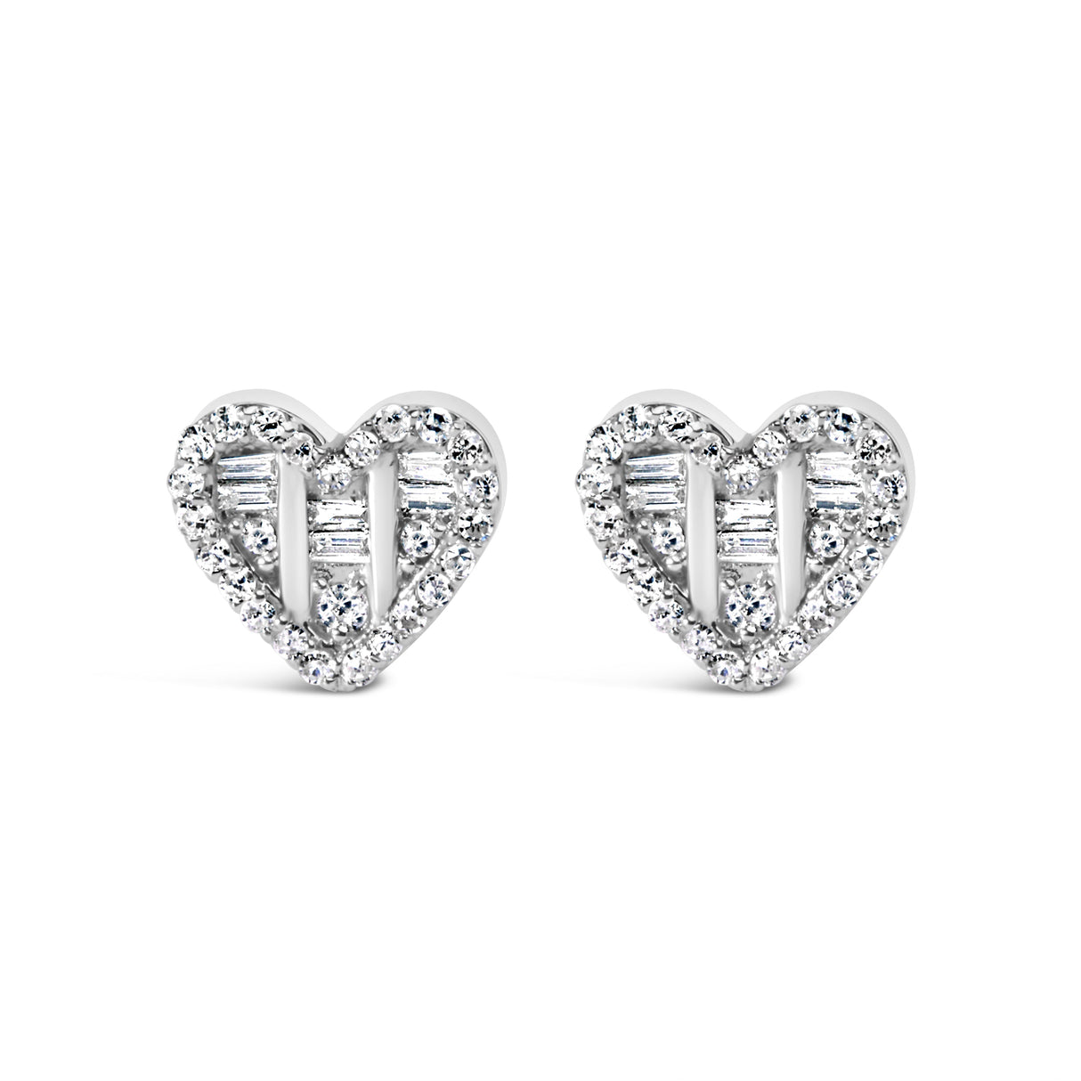 14K Yellow Gold Plated .925 Sterling Silver 1/2 Cttw Round and Baguette Diamond Composite Heart Shaped Stud Earring (I-J Color, SI2-I1 Clarity)