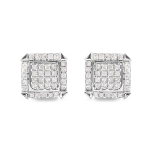10K White Gold 1 1/10 Cttw Princess Diamond Composite and Halo Stud Earrings (I-J Color, I1-I2 Clarity)