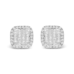 10K White Gold 7/8 Cttw Diamond Princess Composite and Halo Stud Earrings (I-J Color, I1-I2 Clarity)