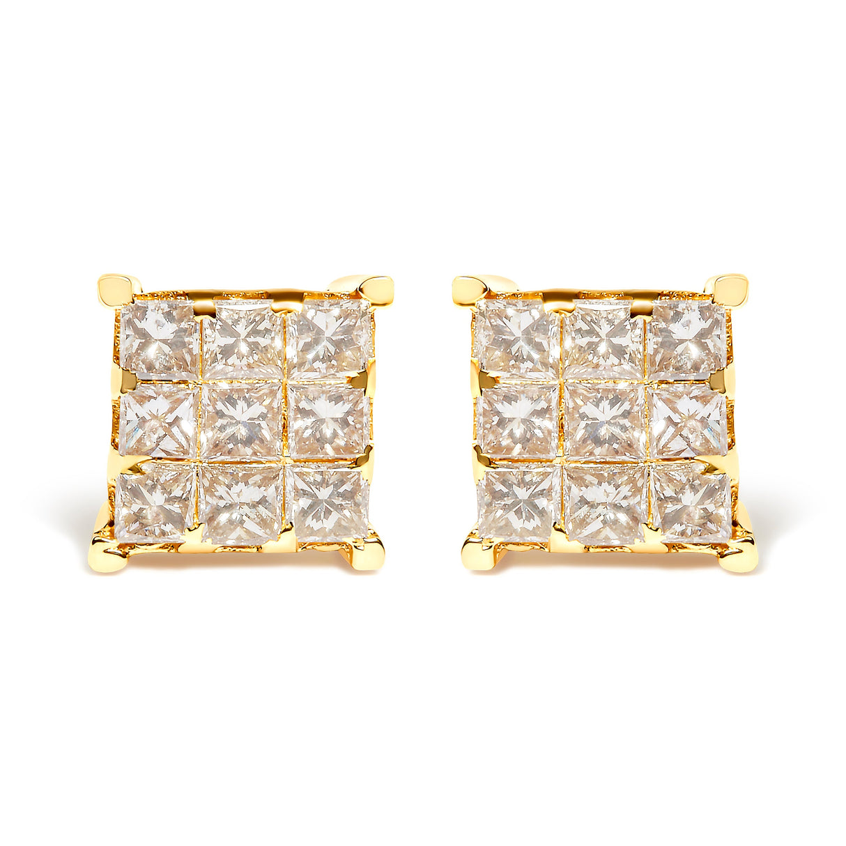 14K Yellow Gold 1 1/2 Cttw Invisible Set Princess-Cut Diamond 9 Stone Square Stud Earrings (J-K Color, SI2-I1 Clarity)