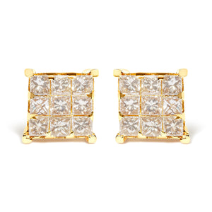 14K Yellow Gold 1 1/2 Cttw Invisible Set Princess-Cut Diamond 9 Stone Square Stud Earrings (J-K Color, SI2-I1 Clarity)