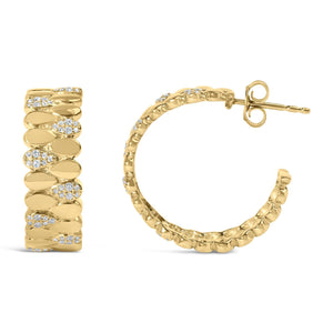 14K Yellow Gold Plated .925 Sterling Silver 3/8 Cttw Diamond Pave Pear Link J Hoop Earrings (H-I Color, I1-I2 Clarity)
