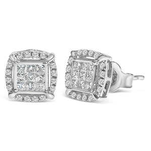 Sterling Silver 1/2 Cttw Princess Cut Diamond Composite and Halo Stud Earrings