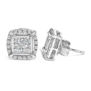 Sterling Silver 1/2 Cttw Princess Cut Diamond Composite and Halo Stud Earrings