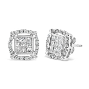 Sterling Silver 1 Cttw Princess Cut Diamond Square Halo Stud Earrings