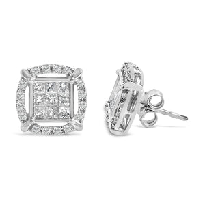 Sterling Silver 1 Cttw Princess Cut Diamond Square Halo Stud Earrings