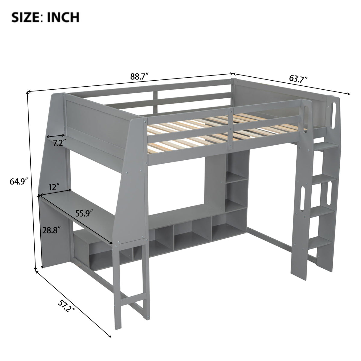 Full Size Gaming Loft Bed with Desk, Storage & LED Lighting - Gray