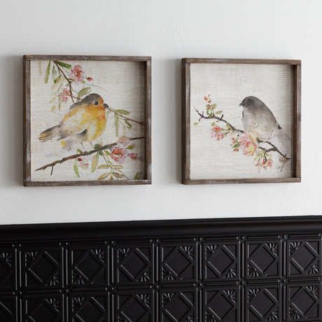 Wood framed watercolor bird plaque (set of 2)