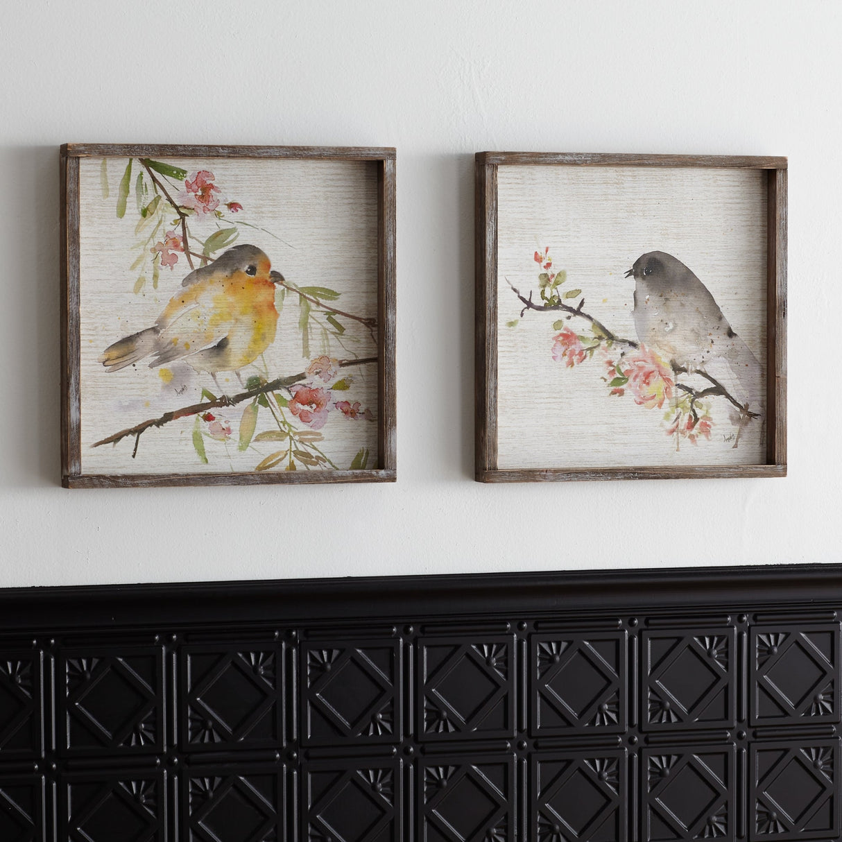 Wood Framed Watercolor Bird Plaque Set of 2