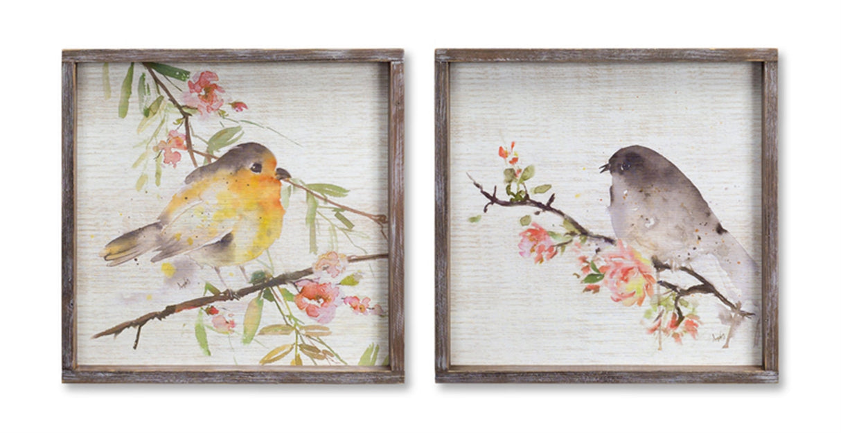 Wood Framed Watercolor Bird Plaque Set of 2