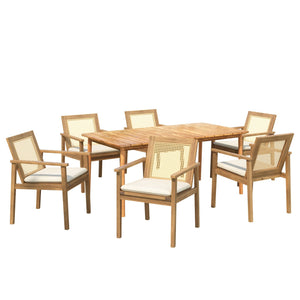 Preston Outdoor Patio 7-Piece Dining Set with Acacia Wood Chairs and Beige Cushions