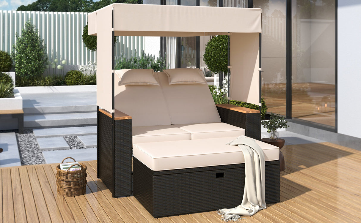 Bethany Two-Person Outdoor Rattan Daybed with Adjustable Canopy and Hidden Storage