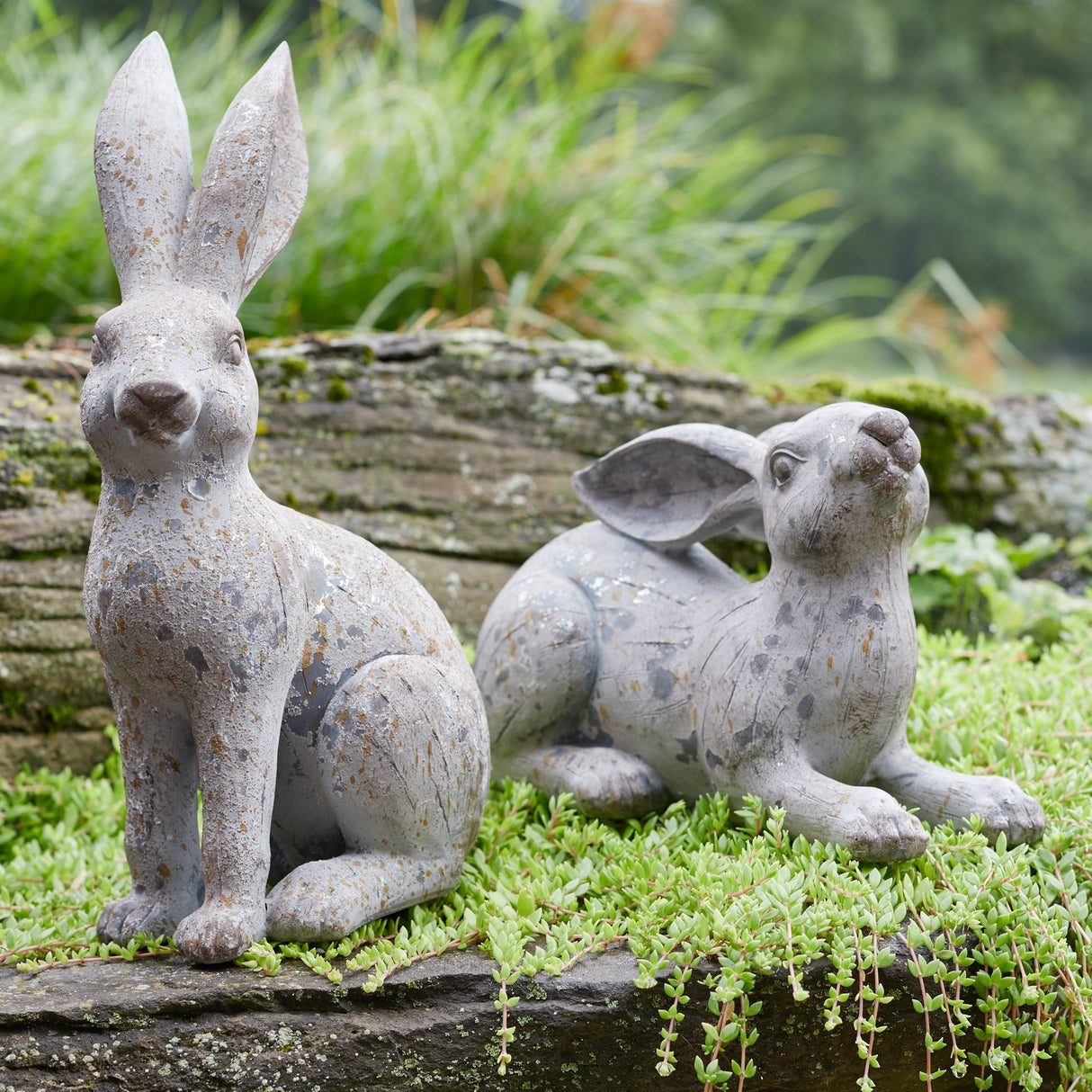 Weathered stone garden rabbit figurine (set of 2)
