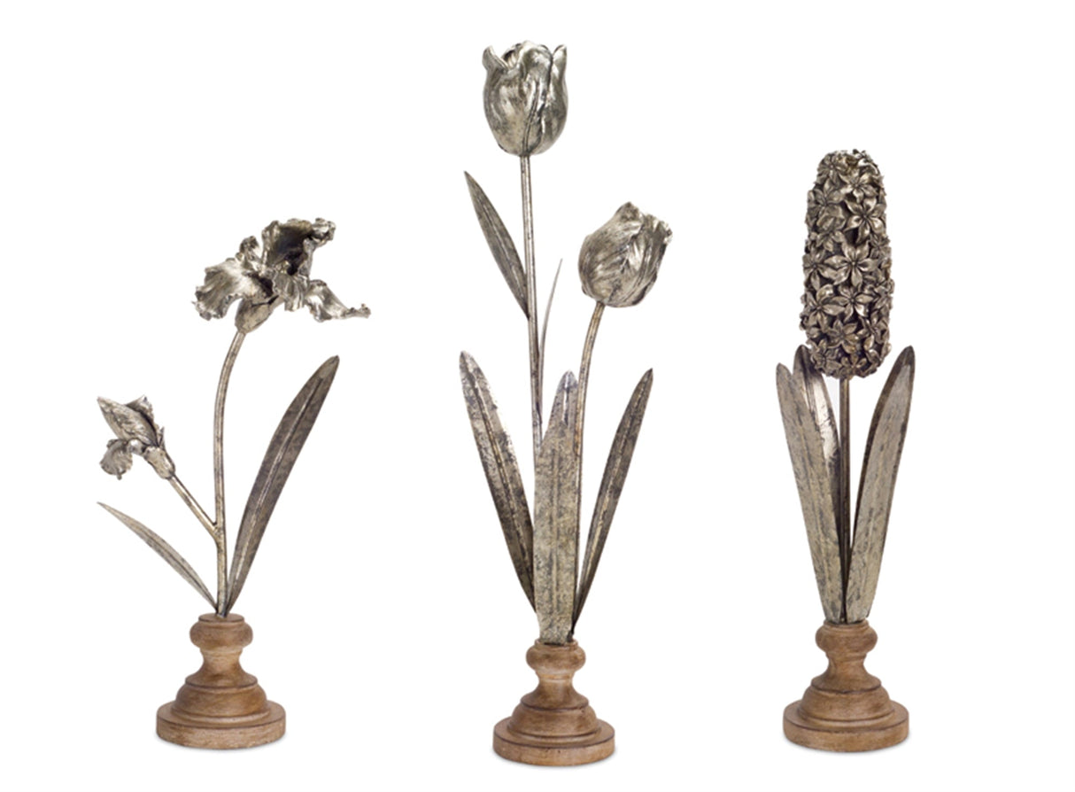 Metal-floral-stem-sculpture-with-wood-style-base-(set-of-3)-Sculptures-&-Statues