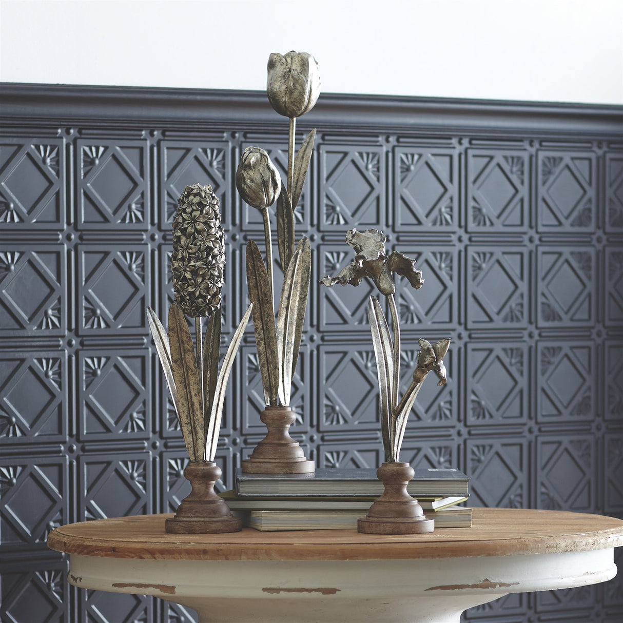 Metal floral stem sculpture with wood style base (set of 3)