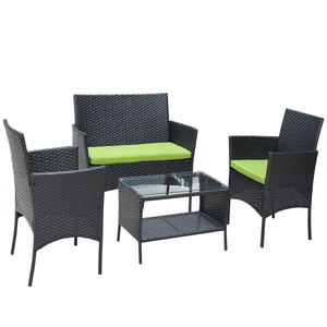 4 PC Rattan Patio Furniture Set with Cushions - Black and Green