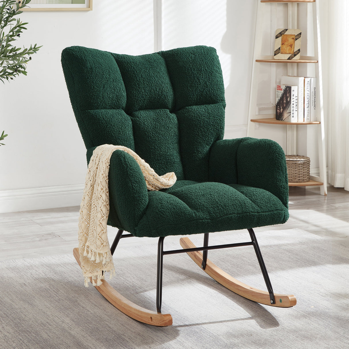 Glider Chair for Living Room Tufted Upholstered Teddy Fabric Rocking Chair
