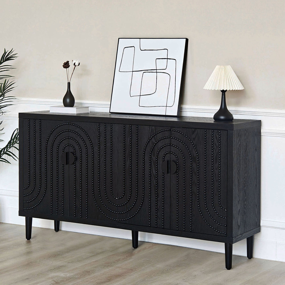 Modern Black Sideboard Cabinet with Decorative Nailhead Accents, Stylish Storage Solution for Dining, Living Rooms