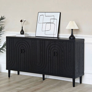 Modern Black Sideboard Cabinet with Decorative Nailhead Accents, Stylish Storage Solution for Dining, Living Rooms