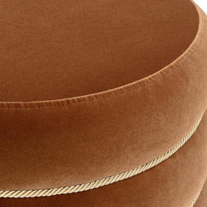 Edward 17.5" Round Upholstered Ottoman with Bullion Fringe Burnt