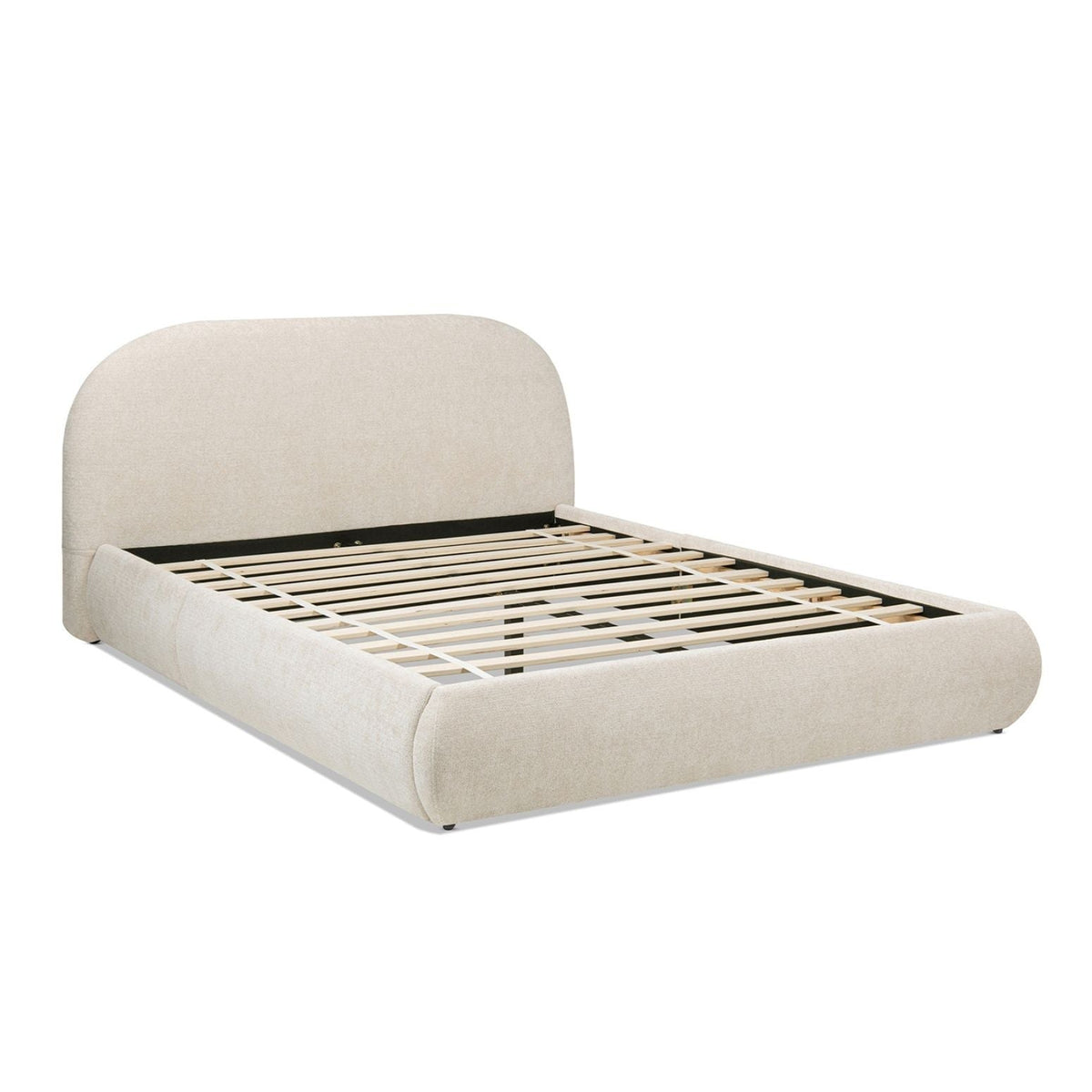 Archie Puffy Grounded Upholstered Platform Bed with Rounded Headboard - Green, White, Beige